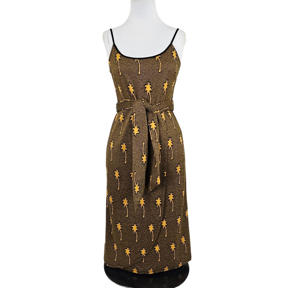 Hutch Palm Tree Print Midi Dress Brown Yellow Spaghetti Strap Belted Size L